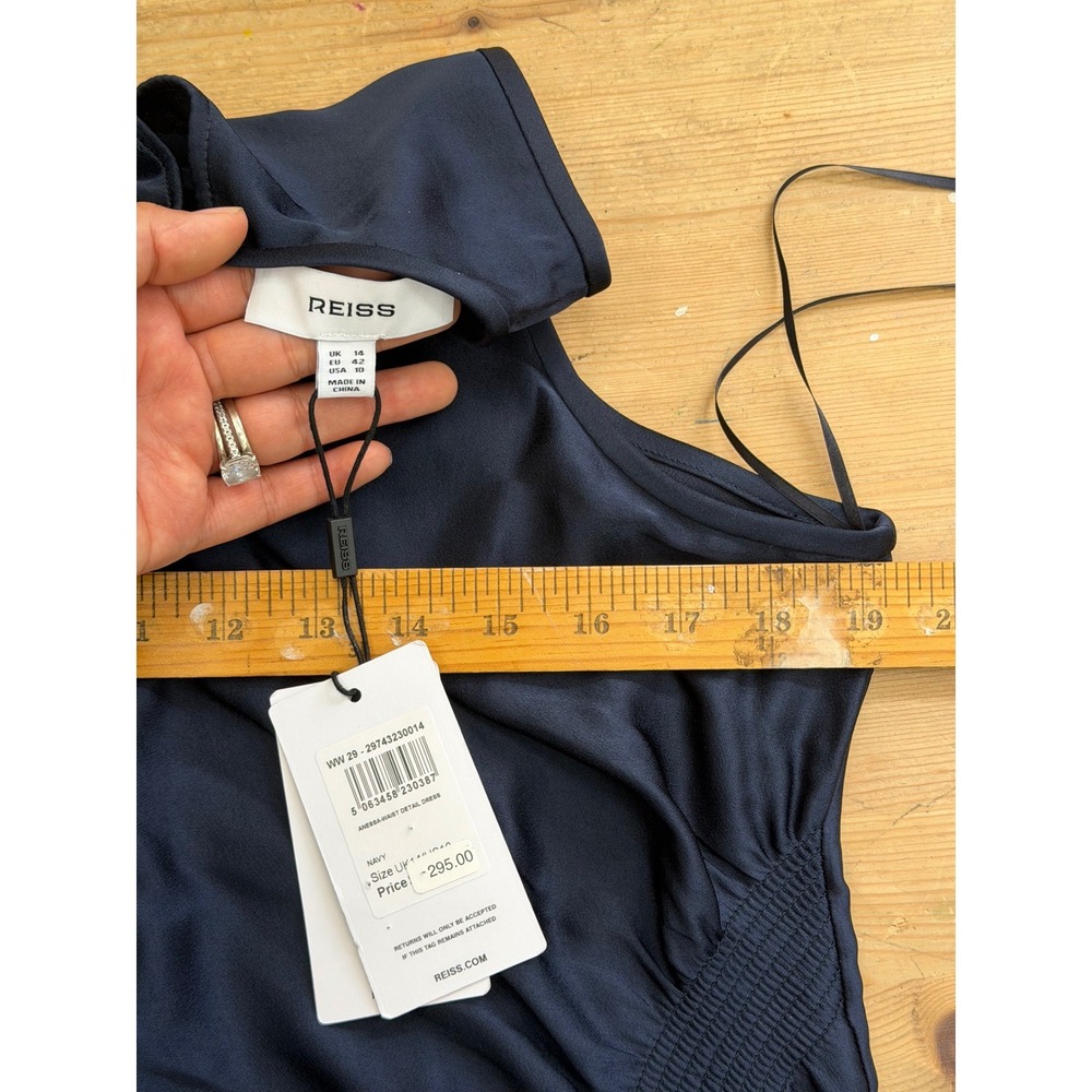 Reiss Anessa Waist Detail Dress Women 10 NWT Navy Satin Midi MSRP $295 - Picture 6 of 9